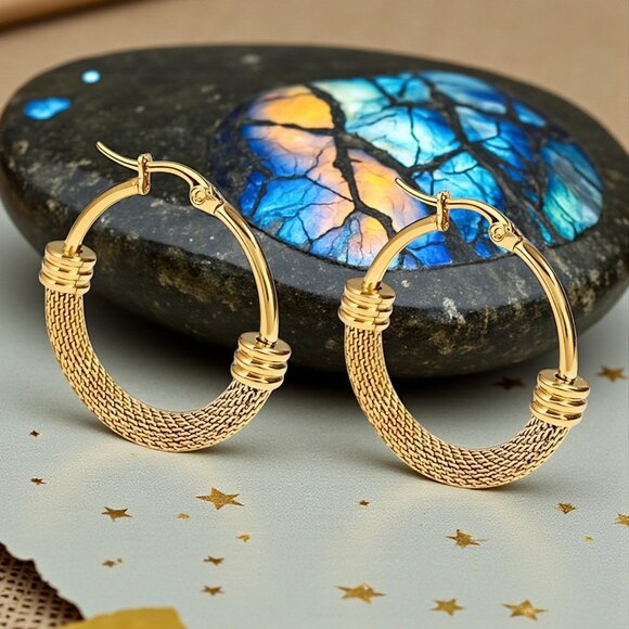 🆕️ Chic Elegance: 18K Gold Plated Stainless Steel Mesh Trendy Hoop Earrings - Picture 5 of 12